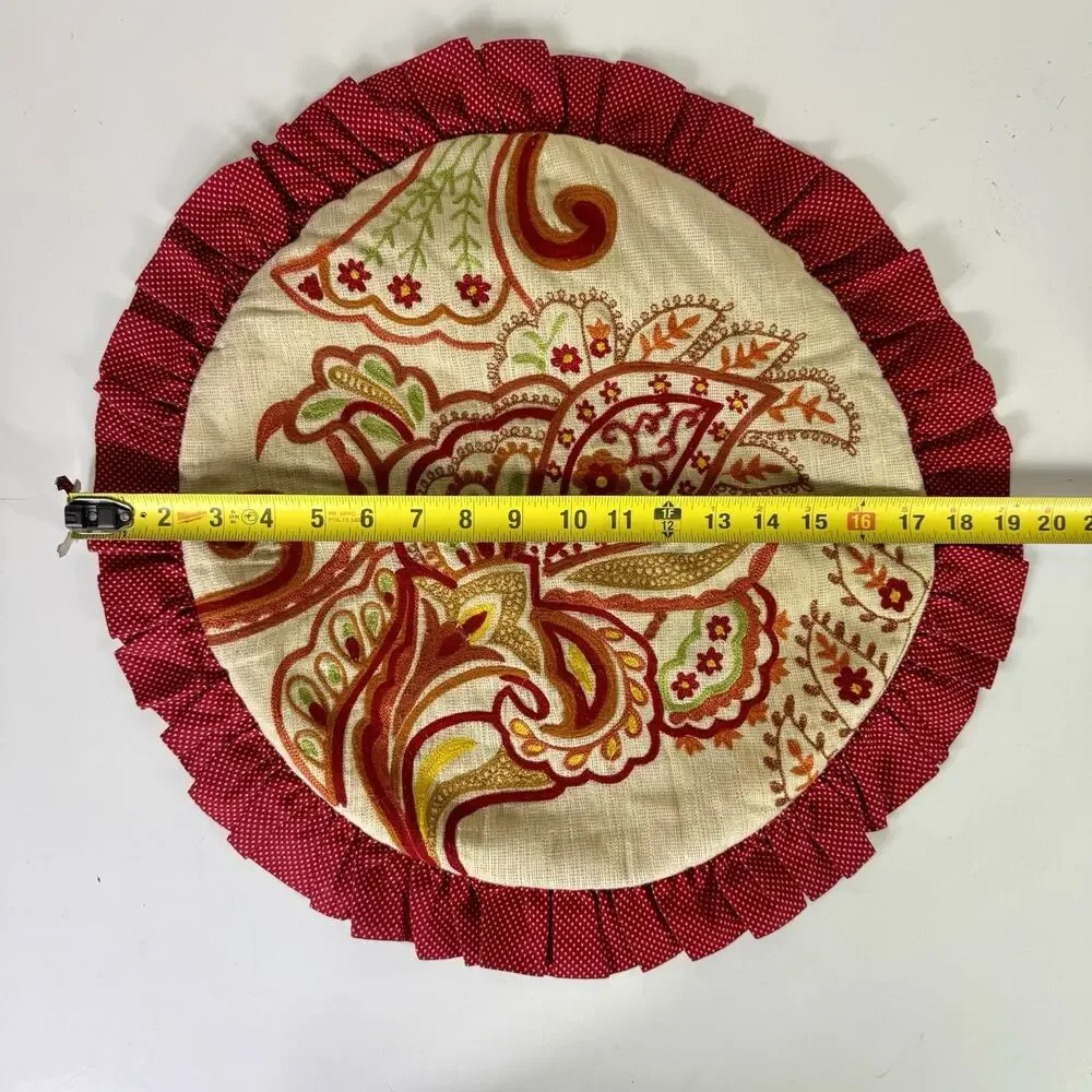 Two Pier 1 Round Boho Ruffle Pillow Set Red Polka Dot Embroidered Floral Design